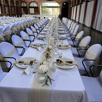 Chair Covers, Champagne Sashes, Gold Cutlery 